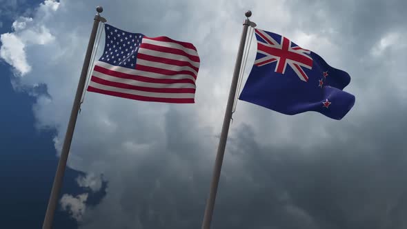 Waving Flags Of The United States And The New Zealand 2K