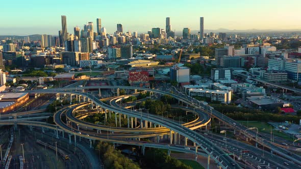 Aerial view of a highway interchange, Brisbane City, Queensland, Australia.