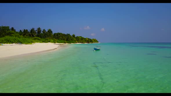 Aerial drone seascape of relaxing coast beach trip by blue water and white sand background of a picn