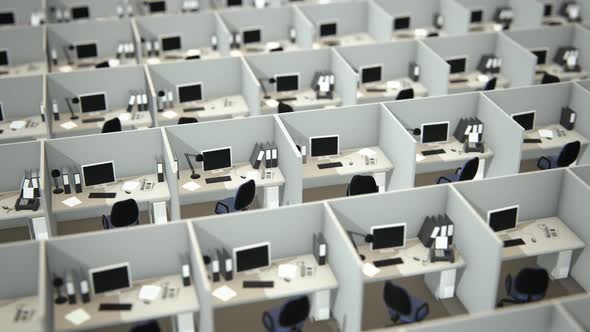 Aerial view of the corporate open room with white, empty office cubicles.