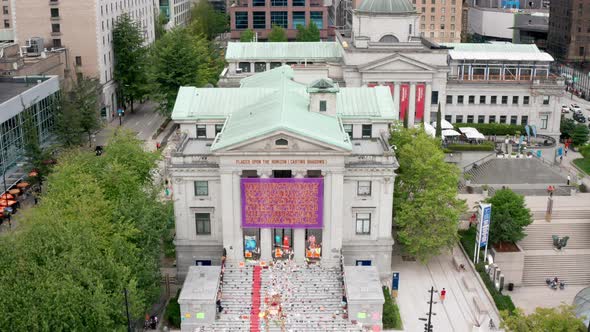Cinematic Drone Reveal of the Cancel Canada Day Protest at the Vancouver Art Gallery in UHD. Rising