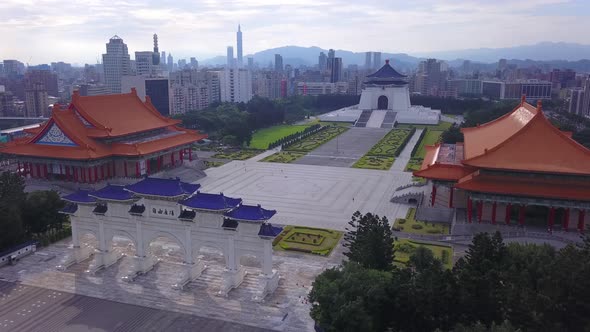 Aerial view of National Chiang Kai shek Memorial Hall in Taipei downtown, Taiwan.