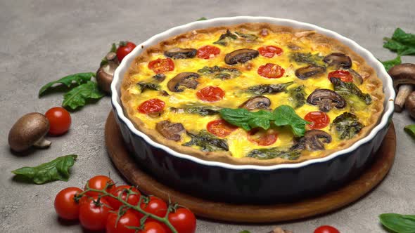 Baked Homemade Quiche Pie in Ceramic Baking Form