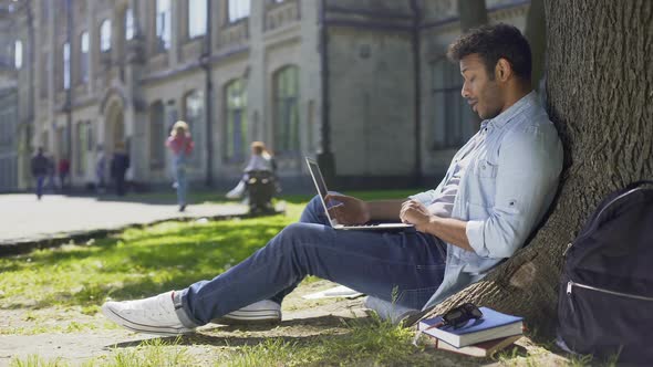 Young Mixed-Race Guy Using Laptop Under Tree, Surprised Reaction, Good News