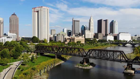Columbus Ohio Skyline - aerial drone footage.  Downtown Columbus Ohio