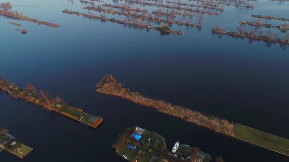 Aerial view of houses on the lake at Loosdrecht Kalverstraat the Netherlands.