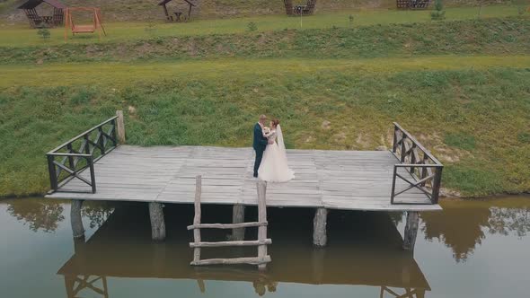 Groom with Bride Near Lake in the Park. Wedding Couple. Aerial Shot