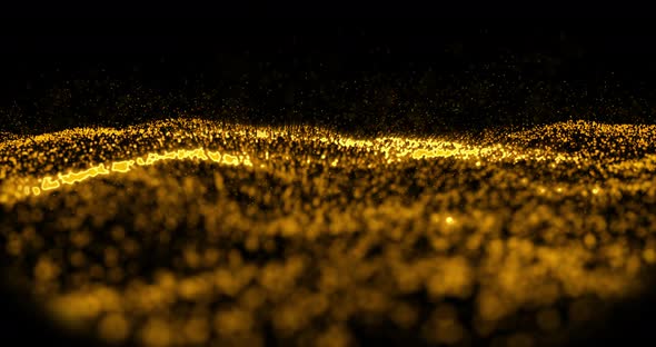 Waves of golden particles moving against black background alt