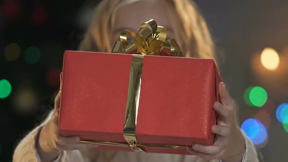 Cute Girl Showing Big Red Box With Bow Into Camera Presenting Gift for Christmas