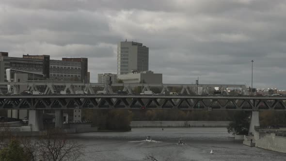 Cars moving on the Dorogomilovsky bridge in Moscow