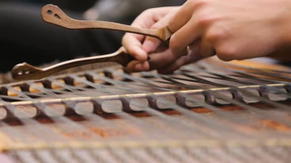 Musician Hands Playing Dulcimer Instrument at Rehearsal, Traditional Folk Music