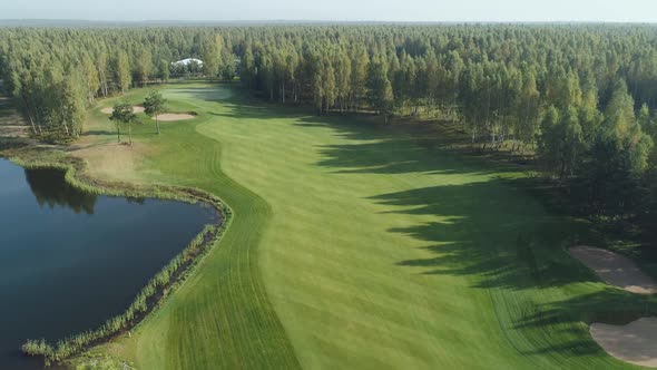 Green Fields in Summer Sunny Day Aerial View of Golf Course in Forest Area Golf Club View of the