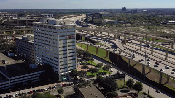 Drone shot of main freeway and traffic into Dallas Texas, USA. 4K