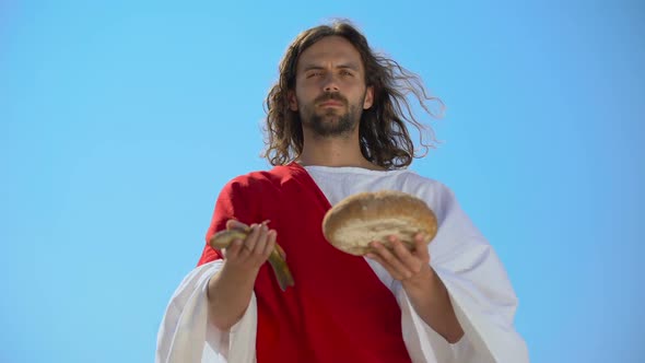 Jesus Showing Fish and Bread, Biblical Story, Miracle About Feeding Thousands