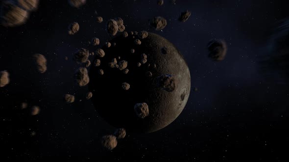 Asteroid belt. Dense meteoroid swarm is fast moving towards the grey moon