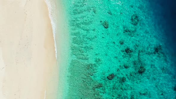 Aerial drone abstract of relaxing island beach voyage by clear ocean with white sand background of a