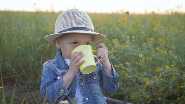 Small Boy in the Field Eating a Bread and Drinking Milk at Sunset. Healthy Eating Concept.