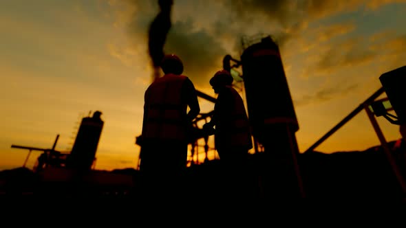 Vented Factory and Engineers at Sunset