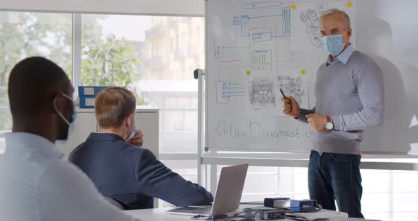 Mature Man in Safety Mask Giving Presentation in Office to It Team and Pointing at White Board