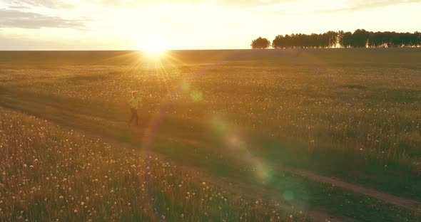 Sporty Child Runs Through a Green Wheat Field. Evening Sport Training Exercises at Rural Meadow. A