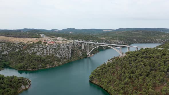 Aerial Drone Footage of Bridge Over the River in Croatia