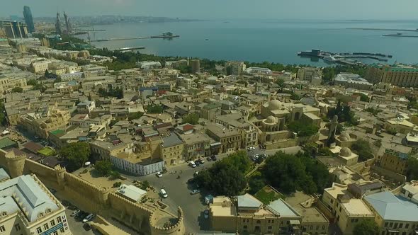 Areal drone footage of Baku old city Azerbaijan