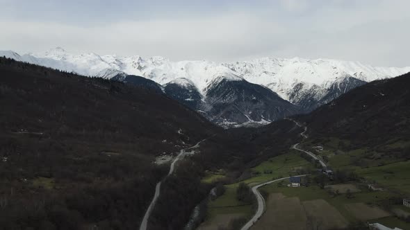 Aerial drone view of Mount Tetnuldi in Georgia. Mestia, village near Koruldi lakes.