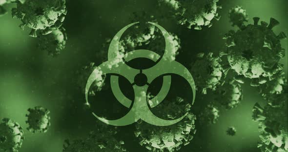 Animation of a health hazard sign over Coronavirus cells floating in a liquid 4k alt