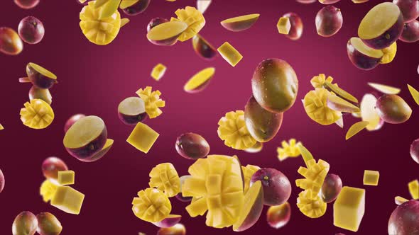 Mango with Slices Falling on Deep Fuchsia Background