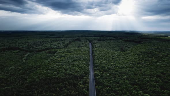 Aerial Top View Over Straight Road With Cars