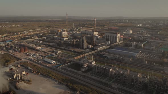 Aerial View. In the Frame Is a Chemical Industrial Complex. Poisonous Smoke Comes Out of the Chimney