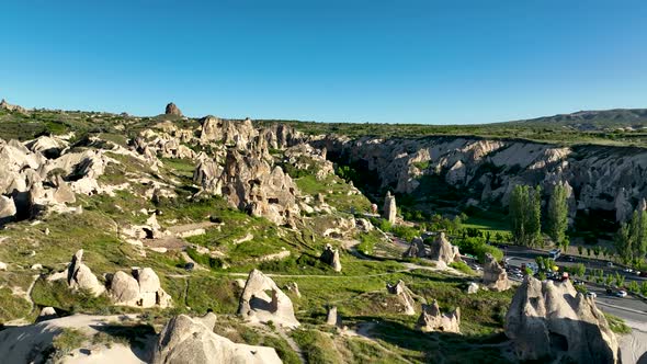 Awesome aerial view of Goreme Historical National Park in Cappadocia