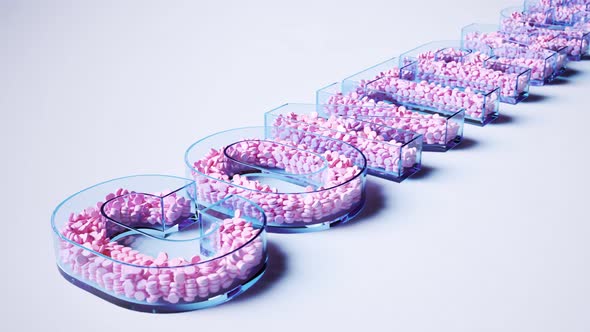 Birth control pills in a glass container in contraception text shape. 4KHD