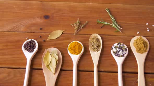 Spoons with Different Spices on Wooden Table 6