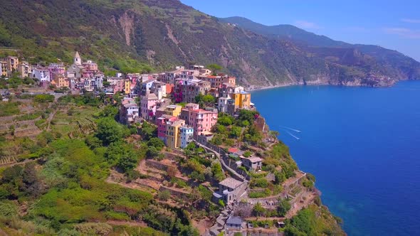 Aerial travel view of Corniglia, Cinque Terre, Italy.