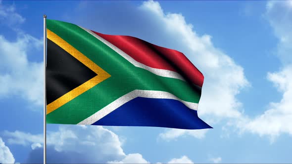 Flag of the Republic of South Africa with Fabric Structure Against a Cloudy Sky
