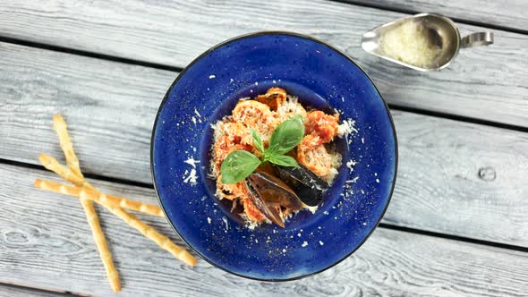 Pasta, Parmesan Cheese and Seafood