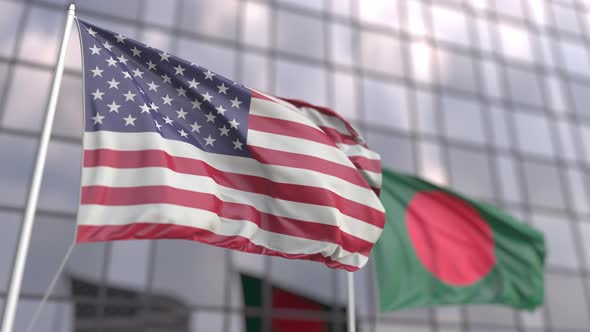 Flags of the USA and Bangladesh in Front of a Modern Skyscraper alt