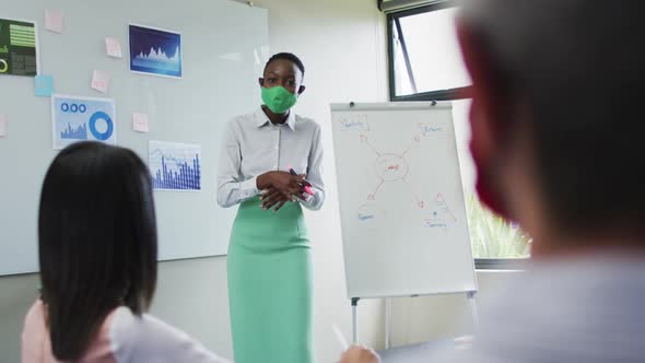 African american woman wearing face mask giving presentation to her colleagues at modern office