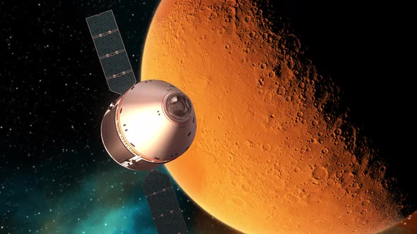 Capsule Of Interplanetary Space Station Orbiting Planet Mars alt