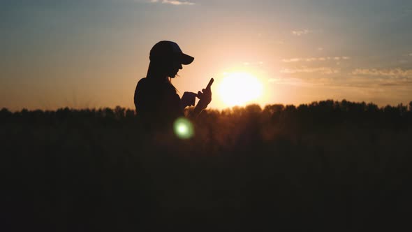 A Pretty Young Woman Farmer Uses a Smartphone in a Field at Sunset Planning and Running an