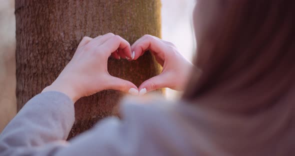 Woman Make Heart Shape with Hands in Forest