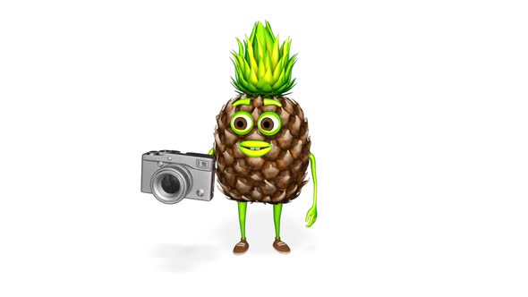 Pineapple Shows Photo Camera  Loop On White Background