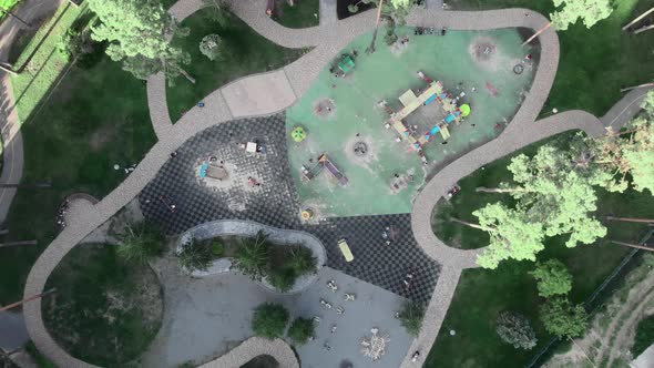 Playground with swings surrounded by green pine trees and lawns in city park