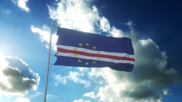 Flag of Cape Verde Waving at Wind Against Beautiful Blue Sky