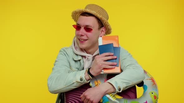 Traveler Tourist Cheerful Teen Stylish Man Celebrating Dancing Holding Passport Tickets Luggage