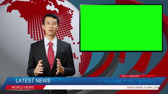 Live News Studio With Asian Male Anchor Reporting On A Story, Uses Green Chroma Key Screen