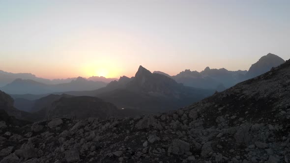 Aerial Fly near Passo Giau in Dolomites Italy at Sunset