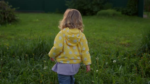 Curly Blonde Baby Girl Walks Forward Camera Follows Her