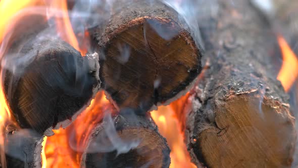 Close up of brightly burning wooden logs with yellow hot flames of fire.